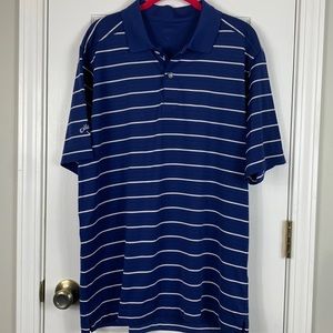 Callaway navy blue with white stripes. Short sleeved golf polo shirt size large.